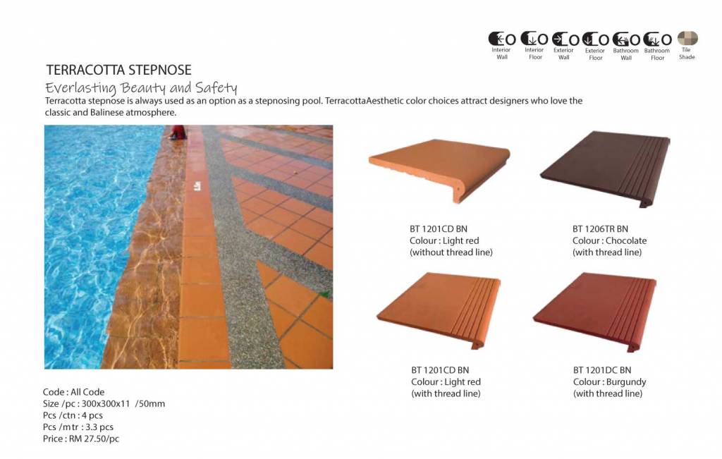 Terracotta Stepnose Malaysia Manufactured Tiles & Mosaic